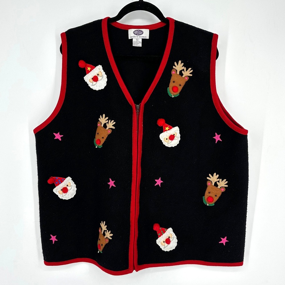 Vntg Modern Woman Wool Black Red‎ Zipper Christmas Vest Santa Reindeer Embroider